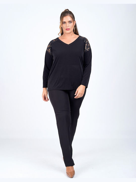 Bluza Damă Crop Top Cu Dantelă Și Transparent Negru
