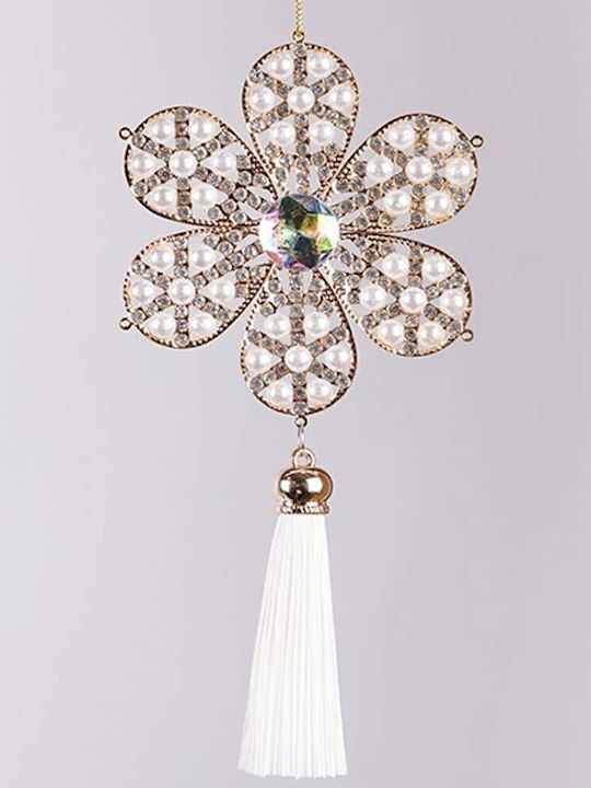 Ornament Snowflake Gold Pearl White Tassel 8.8x19cm