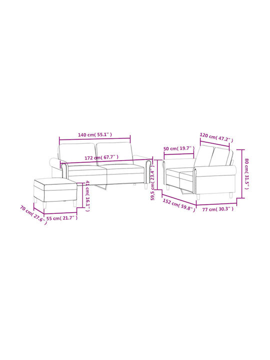 Living Room Furniture Set 3-Seater & 2-Seater & Stool Blue