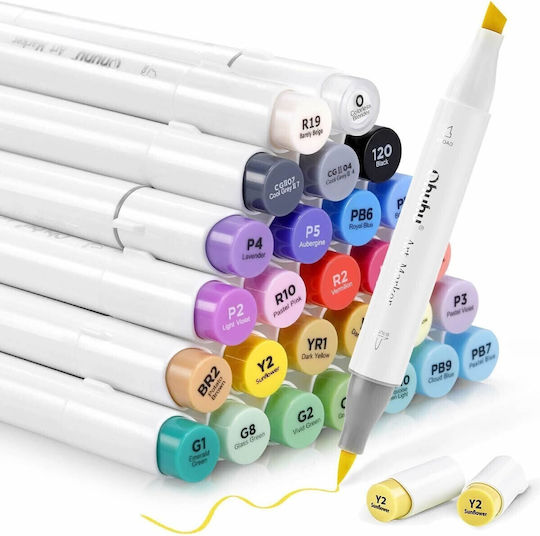 Ohuhu Honolulu Brush & Chisel 24 Drawing Markers Basic Colours