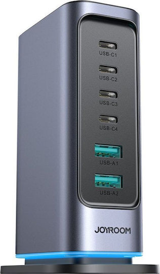 Joyroom Зарядна станция GaN с 2 USB-A и 4 USB-C порта, 65 W Power Delivery, в Сив цвят (JR-TCM02 UK Socket)