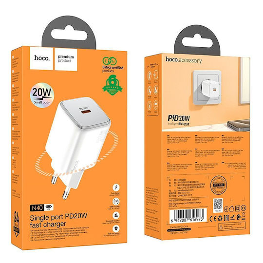 Hoco Зарядно без кабел с USB-C порт 20W Power Delivery Бял (N40)