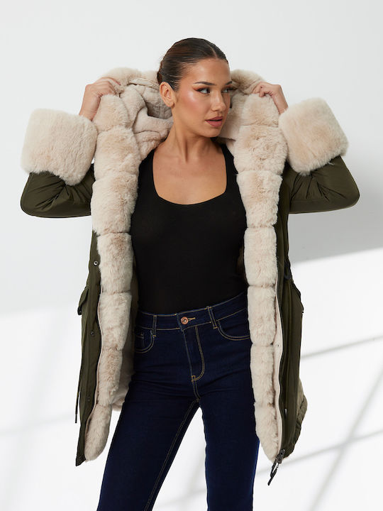 Women's Khaki Coat with Fur Details