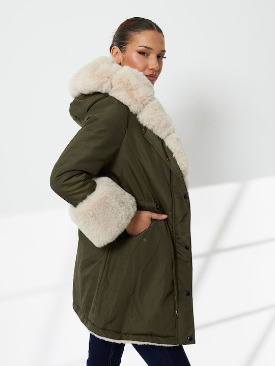 Women's Khaki Coat with Fur Details
