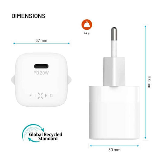 Fixed Φορτιστής Χωρίς Καλώδιο με Θύρα USB-C 20W Power Delivery Λευκός (Mini)