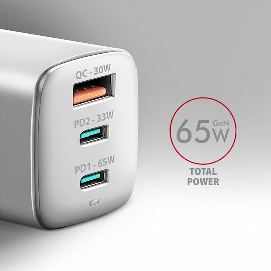Axagon Φορτιστής Χωρίς Καλώδιο GaN 65W Power Delivery / Quick Charge 3.0 Λευκός (ACU-DPQ65W)