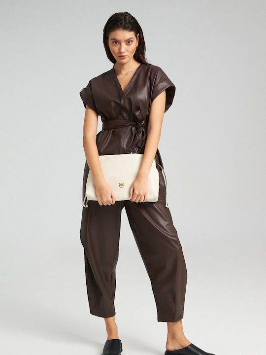 Pants Women's High-waisted Fabric Capri Trousers with Elastic Brown