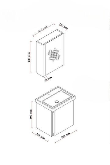 Bathroom Cabinet 50cm With Mirror & White Sink – Matt Grey MDF 52 X 50 X 40 Cm