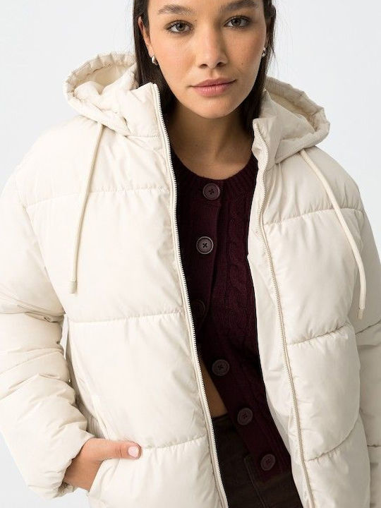 Κοντό Γυναικείο Puffer Μπουφάν για Χειμώνα White
