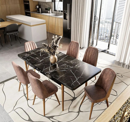 Set Mobilier Pentru Sufragerie Negru Model Marmură Scaune Maro