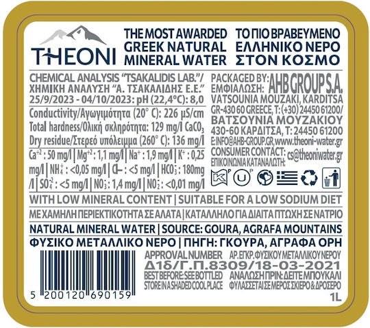 THeoni Glass Natural Mineral Water 1lt