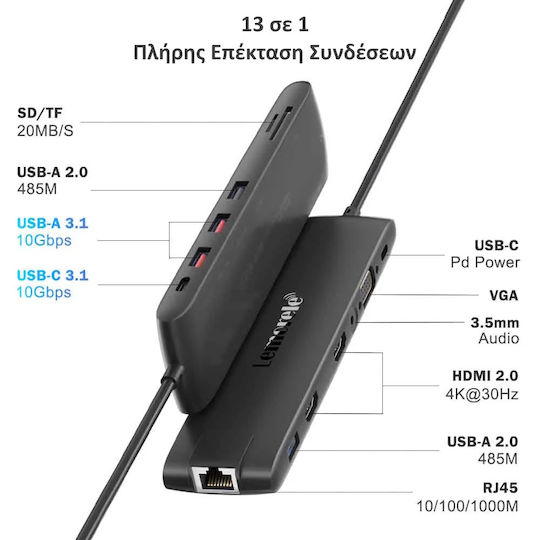 Lemorele TC96 USB-C Лаптоп Докинг Станция с HDMI 4K PD Ethernet и Свързване на 2 Монитора Черен