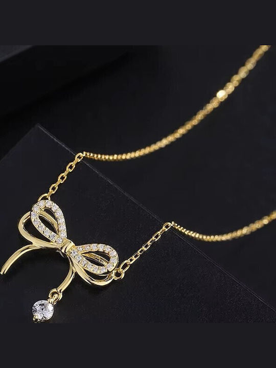 By Queen Γυναικείο Κολιέ Διπλός Φιόγκος S925 Gold Plated Ζιργκόν