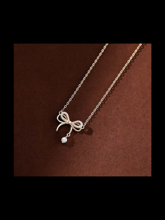 By Queen Γυναικείο Κολιέ Διπλός Φιόγκος S925 Gold Plated Ζιργκόν