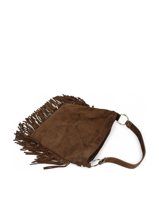 Suede Leather Women's Shoulder Bag with Fringes Brown