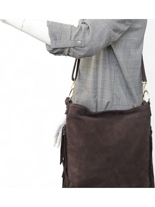 Suede Leather Women's Shoulder Bag with Fringes Brown