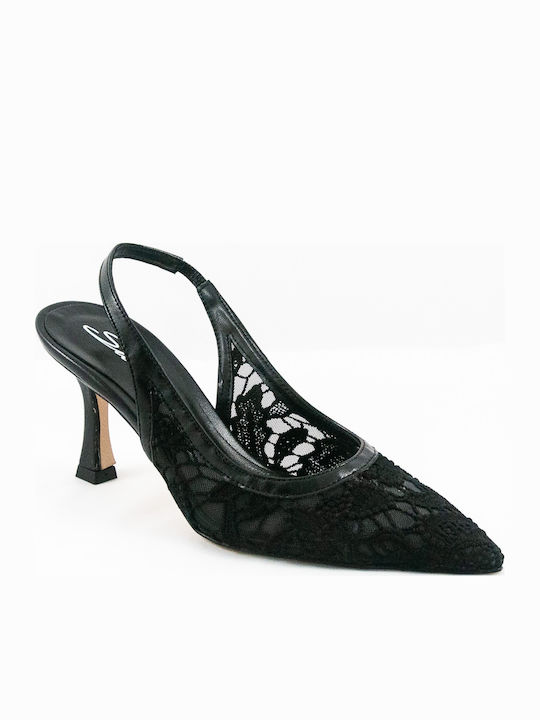 Leder Pumps mit Riemchen & mittelhoher Absatz Schwarz
