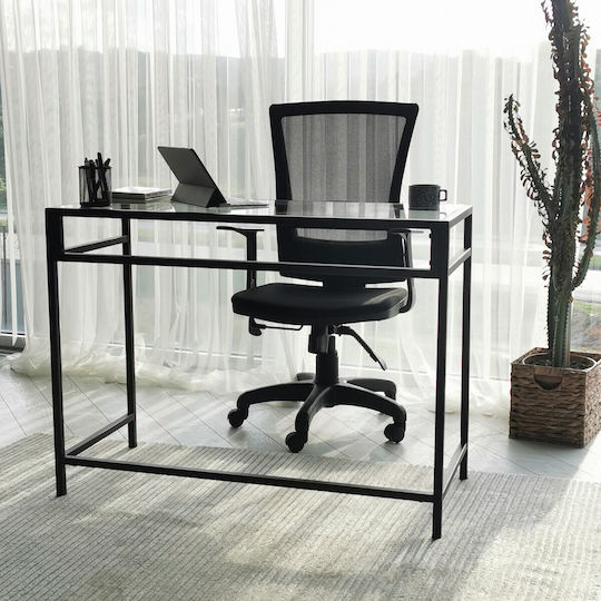 Birou Network Calisma Masasi Sticlă Negru Cu Picioare Metalice 100x45x75cm