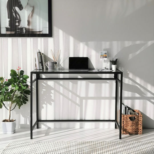 Birou Network Calisma Masasi Sticlă Negru Cu Picioare Metalice 100x45x75cm