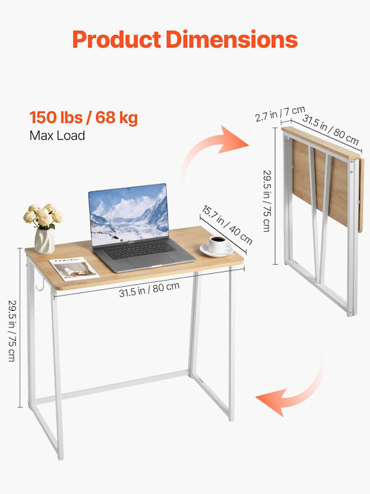 Γραφείο Ξύλινο Λευκό με Μεταλλικά Πόδια 80x40x75εκ.