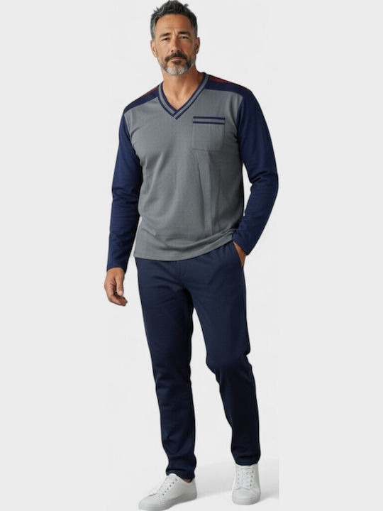 Ανδρική Πιτζάμα Fleece Collection Μπλε & Γκρι V Λαιμόκοψη Cl2640-2-ανθρακί