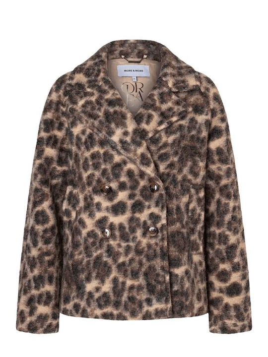 Wool Women's Leopard Brown Half Coat with Buttons