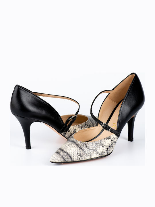 Leather Pointed Toe Stiletto Black High Heels with Strap