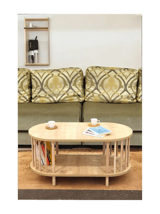 Ovaler Kaffeetisch für das Wohnzimmer – Holz mit 2 Regalen und Zeitungsfach