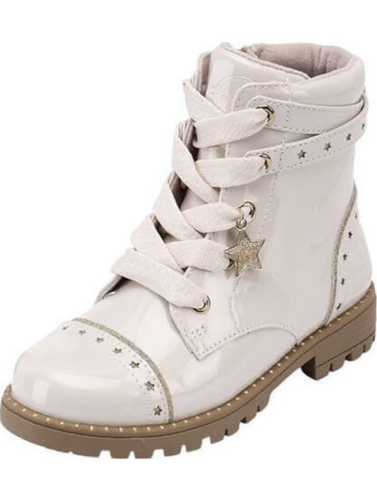Kinderstiefel aus Lackleder mit Schnürsenkeln Ecru