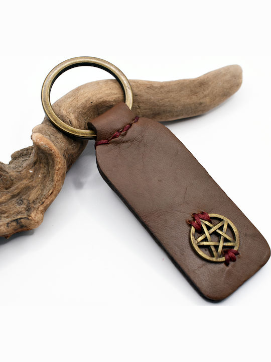 Handmade Leather Pentagram Keychain Brown Leather