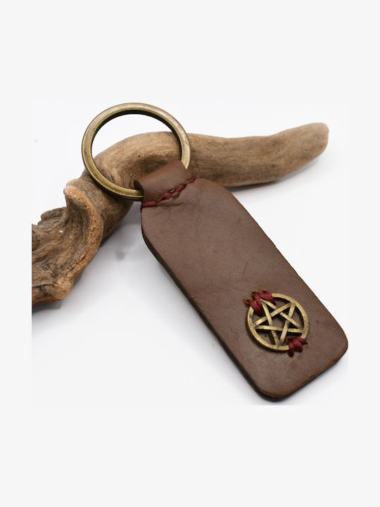 Handmade Leather Pentagram Keychain Brown Leather