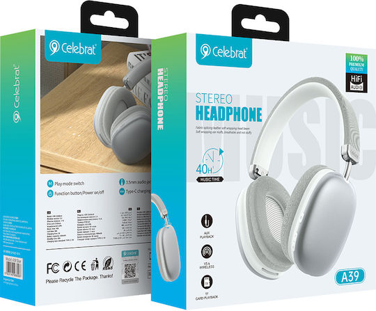 Celebrat A39 Wireless / Wired Over Ear Headphones with 20 hours of Operation White