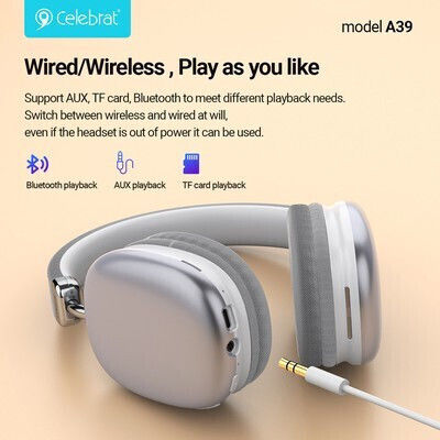 Celebrat A39 Wireless / Wired Over Ear Headphones with 20 hours of Operation White