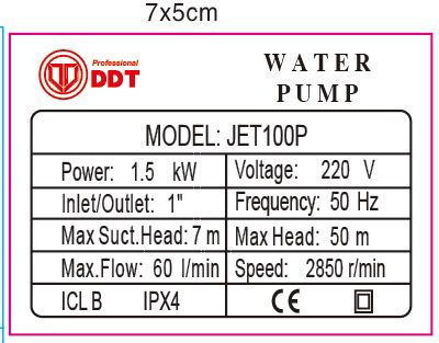 Jet100p Pompă de Apă de Suprafață 1.5kw Apă Curată 60l/min 50m 1" Buton Pornit-Oprit Bobinaj Din Cupru Masiv
