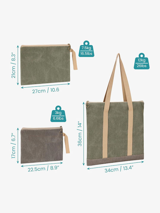 Set 3 Organizer Bags Belle Vous Zipper Various Sizes Travel Makeup Tools Stationery Polyester Green