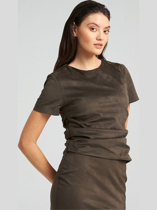 Γυναικείο Crop Top Βελούδινο Κοντομάνικο Khaki