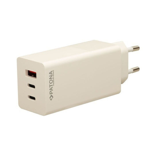 Patona Charger Without Cable GaN with USB-A Port and 2 USB-C Ports 65W Power Delivery / Quick Charge 3.0 Whites (2647)