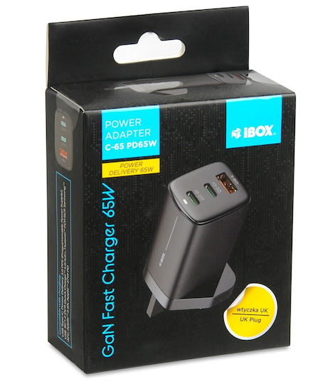 iBox Φορτιστής Χωρίς Καλώδιο GaN με Θύρα USB-A και 2 Θύρες USB-C 65W Μαύρος (C-65 UK)
