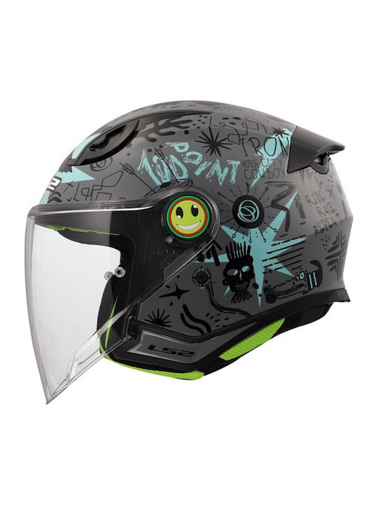 LS2 Funny II Scrimble Grey/Blue Children's Motorcycle Helmet Jet ECE 22.06 1100gr