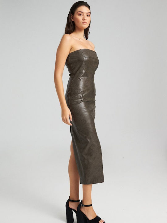 Midi Evening Strapless Leather Khaki Dress