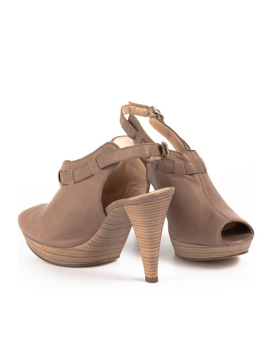 Δερμάτινες Peep Toe Γόβες με Λουράκι Μπεζ