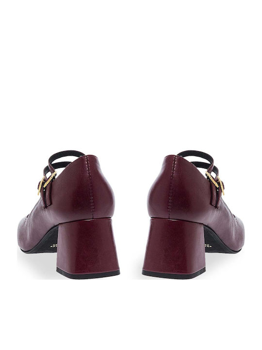 Leather Pointed Toe Burgundy Heels with Strap