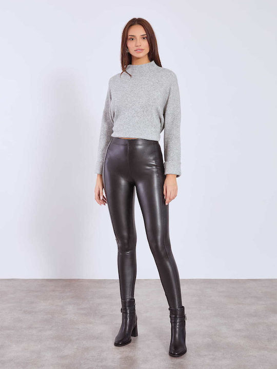 Celestino Women's Leatherette Leggings Decorative Seams Slim Fit Black