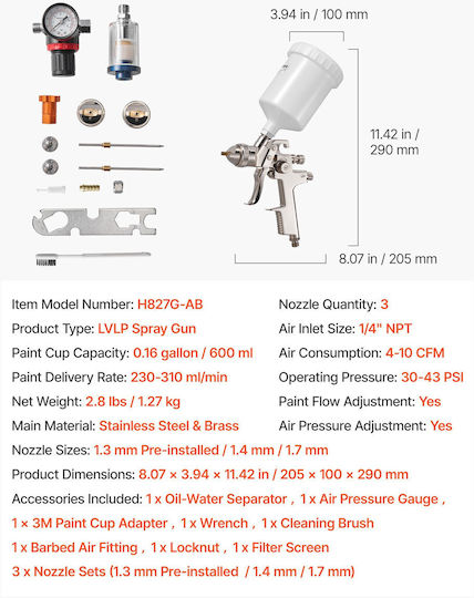 Vevor Πιστόλι Βαφής Αέρος LVLP Άνω Δοχείου 1.7mm