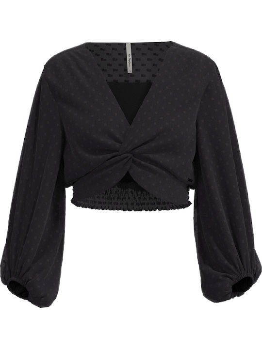 Payva Damen Crop Top Langarm mit V-Ausschnitt Polka Dot Schwarz