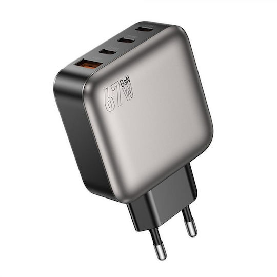 Lamtech Φορτιστής Χωρίς Καλώδιο GaN με Θύρα USB-A και 3 Θύρες USB-C 67W Power Delivery / Quick Charge 2.0 / Quick Charge 3.0 Γκρι (LAM980428)