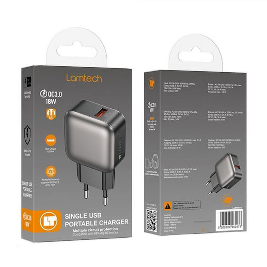 Lamtech Φορτιστής Χωρίς Καλώδιο με Θύρα USB-A 18W Quick Charge 3.0 Γκρι (LAM980473)