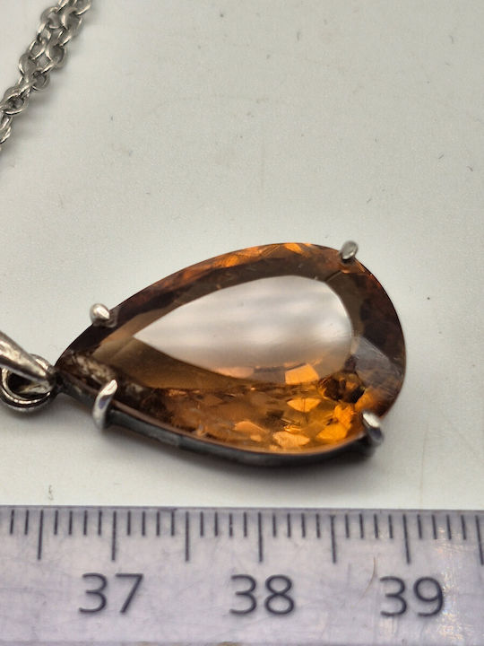 Silver Necklace Orange Tourmaline 20.75 Ct & Steel Chain – Handmade Statement Jewelry