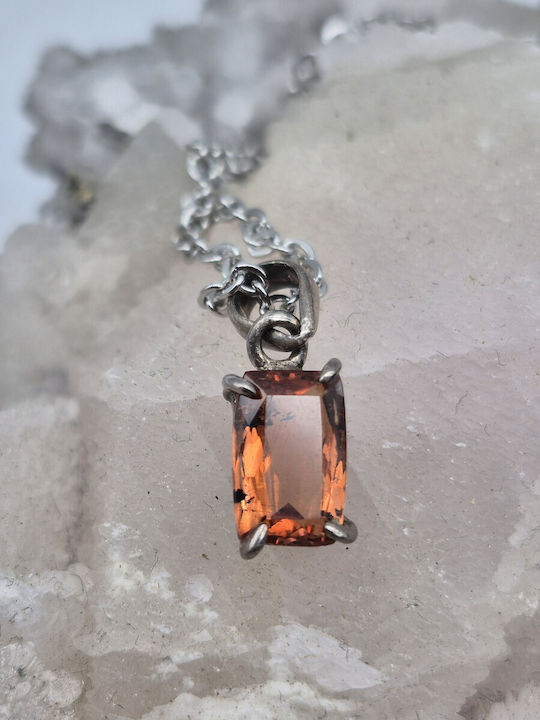 Ασημένιο Κολιέ Πορτοκαλί Τουρμαλίνη 2.3 Ct & Ατσάλινη Αλυσίδα – Χειροποίητο Κοσμήμα