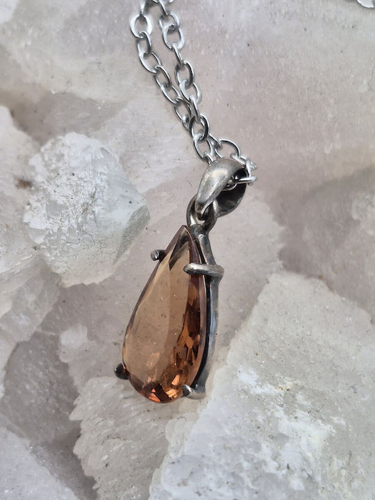Silver Necklace Orange Tourmaline 3.65 Ct & Steel Chain – Handmade Jewelry